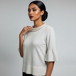 Vintage French Connection Beige Shimmer Ruffle Neck Short Bell Sleeve Top